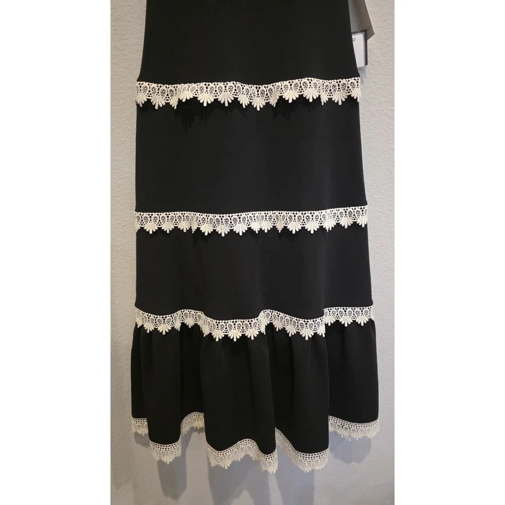 Adrianna Papell Black Ecru Knit Crochet Trim Tiered Midi Dress AD3D105940 Size 2